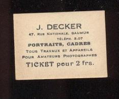 Ticket Pour 2 Fr  -  J. Becker  Portraits Cadre  47 Rue Nationale  à  Saumur - Bons & Nécessité