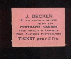 Ticket Pour 5 Frs  -  J. Becker  Portraits Cadre  47 Rue Nationale  à  Saumur - Bons & Nécessité