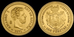 AMADEO I   100 PESETAS 1.871  ORO MADRID  SC/UNC  Réplica    T-DL-10.847 - Essais & Refrappes