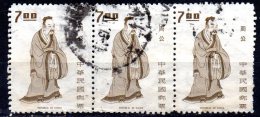 TAIWAN 1972 Chinese Cultural Heroes - $7  Chou Kung  FU BLOCK OF 3 - Used Stamps