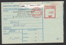 C01720 - Czech Rep. (1994) 363 01 Ostrov Nad Ohri 1 / 336 01 Blovice (postal Parcel Dispatch Note) - Brieven En Documenten