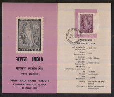 INDIA, 1966,  STAMPED FOLDER, BROCHURE, ,    Maharaja Ranjit Singh, Royal, Soldier And Statesman, - FDC