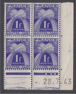 = Coin Daté 4 Timbres Chiffre Taxe 1f N°70 Neuf 28.7.43 Type Gerbe De Blé - Taxe