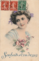 FEMMES - FRAU - LADY - Jolie Carte Fantaisie Portrait Femme Et Fleurs "Souhaits De Tendresses" Signée ORENS - Orens