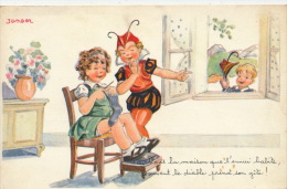 ENFANTS - Jolie Carte Fantaisie Fillette Tricotant Une Chaussette Et Petit Diable Signée JANSER - Janser