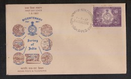 INDIA, 1967, FDC,   Survey Bicentenary, Geography, Aerial, Airplane, Statistics, Globe, Map, Bangalore  Cancelled - Covers & Documents