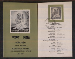INDIA, 1967, FOLDER WITH STAMP,  Narsinha Mehta, Poet With Music Instrument In Hand, - Storia Postale
