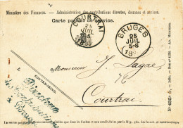 302/22 - Carte De Service En Franchise BRUGES 1885 Vers COURTRAI - Direction Des Contributions - Franchise