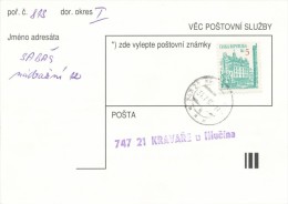 I0594 - Czech Rep. (1995) 747 21 Kravare U Hlucina (card With Postal Charge Levied); Stamp: Pilsen, Tram - Briefe U. Dokumente