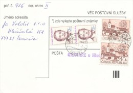 I0597 - Czech Rep. (1995) 747 21 Kravare U Hlucina (card With Postal Charge Levied); Stamp: President Vaclav Havel - Covers & Documents