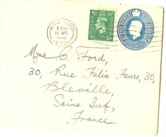 LACLX- GRANDE BRETAGNE - EP ENVELOPPE GEORGE VI WOOD GREEN / BLEVILLE 15/4/1946 - Material Postal