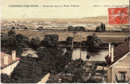CARRIERES-SUR-SEINE (78) : Panorama Général Vers Le Mont Valérien. CPA Toilée Et Colorisée Très Rare. - Carrières-sur-Seine