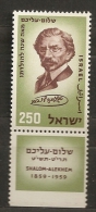 Israël Israel 1959 N° 150 Avec Tab ** Ecrivain, Shalom Alekhem, Lunettes, Humoriste, Théâtre, Roman, Yiddish, Shoah - Ongebruikt (met Tabs)