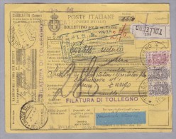 Heimat Italien Piemont TOLLEGNO 1928-01-03 Paketkarte Nach Zürich - Paquetes Postales