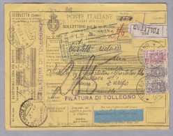 Heimat Italien Piemont TOLLEGNO 1928-01-03 Paketkarte Nach Zürich - Postal Parcels