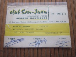 Carte De Membre Du Club San -Juan Association Privée Sport Nautique , Ski Malmousque Marseille Vignette 1964, 65, 66 - Buceo