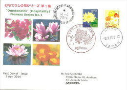 JAPON.  Première Série Fleurs De 2014, Sur Lettre Adressée En Andorre, Avec Timbre à Date Arrivée Andorre - Lettres & Documents