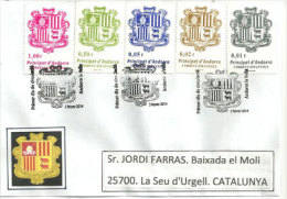 ANDORRE. Nouvelle Série Des Armoiries D'Andorre 2014. Sur Lettre Adressée En Catalogne (oblit.illustrée FDI) - Storia Postale