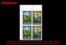 PIEZAS. CUBA. ERRORES. 2013-36 FAUNA DE AUSTRALIA & CUBA. SELLOS 15 CENTAVOS. BLOQUE DE CUATRO. PERFORACIÓN DESPLAZADA - Imperforates, Proofs & Errors