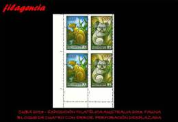 PIEZAS. CUBA. ERRORES. 2013-36 FAUNA DE AUSTRALIA & CUBA. SELLOS 85 CENTAVOS. BLOQUE DE CUATRO. PERFORACIÓN DESPLAZADA - Geschnittene, Druckproben Und Abarten