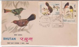 Perf.  Issue, Bhutan FDC 1968 2v Birds Series,, Bird,  Laughing Thrush,  Ward's Trogon, As Scan - Bhután