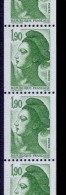 ROULETTE LIBERTE 1,90 F Vert (n° 88) - 3 Timbres Avec Chiffre Rouge Au Verso - Coil Stamps