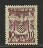 POLAND 1940 GENERAL GOUVERNMENT (WW2 3RD REICH OCCUPATION) GERICHTSKOSTEN (COURT REVENUE) 10ZL BROWN NHM BAREFOOT #14 - Fiscaux