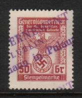 POLAND 1940 GENERAL GOUVERNMENT (WW2 3RD REICH OCCUPATION) REVENUE 50GR BROWN INSCRIPTION TOP - Revenue Stamps