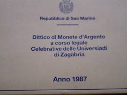 SAN MARINO - ANNO 1987 - DITTICO OLIMPIADI ZAGABRIA  LIRE 500 + 1000  In ARGENTO FDC  In CONFEZIONE ORIGINALE - Saint-Marin