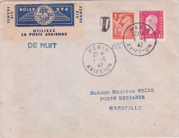 1/5/47 IRIS 3f + DULAC 1f50 Obl " PARIS AVIATION " + ETIQUETTE "UTILISEZ LA POSTE AERIENNE" +griffe " DE NUIT" Lettre Co - 1921-1960: Modern Tijdperk