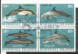 Les Dauphins Aux ILES MARSHALL (Océanie)  4  T-p Oblitérés Bloc De 4 - Dolphins