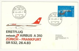 SVIZZERA - SUISSE - VOLO  AEREO AIRBUS A 310 - ZURICH - FRANKFURT - ANNO 1983 FDC - Cartas & Documentos