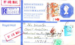 Great Britain 1983 Official Registered Envelope Posted From Slough 'A' To New Delhi, India With Thematic And Definitives - Covers & Documents