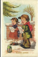 Bonne Année. Deux Enfants Chantent Dans La Neige. Lanterne. - Año Nuevo