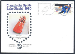 USA Olympic Games 1980 Lake Placid: Speed Skating Stamp Bobsligh Cancellation; Schärer Bächli Marti Benz Gold Medal - Hiver 1980: Lake Placid