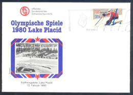 USA Olympic Games 1980 Lake Placid: Opening Ceremony Cachet, Olympic Torch Station Cancel, Skiing Stamp - Hiver 1980: Lake Placid