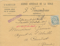 ENVELOPPE TYPE BLANC 5 C -L'ABEILLE  AGENCE GENERALE DE LA REOLE J. VINCENDEAU  (gironde) - 1900-29 Blanc