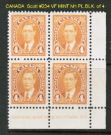 CANADA   Scott  # 234**  VF MINT NH PLATE # BLOCK Of 4 - Blocks & Sheetlets