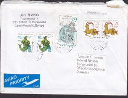 Czech Republic Aviao Priority Label BUDEJOVICE 1998? Cover Brief To Denmark Astrology Capricorn & Aquarius Bell - Briefe U. Dokumente