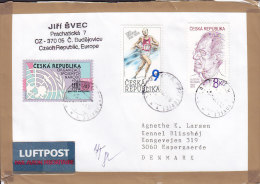 Czech Republic Luftpost Par Avion Label BUDEJOVICE 2004 Cover Brief To Denmark UN Emil Zatopak Gustav Mahler - Briefe U. Dokumente