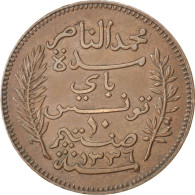 Monnaie, Tunisie, Muhammad Al-Nasir Bey, 10 Centimes, 1917, Paris, TTB+, Bronze - Tunesien