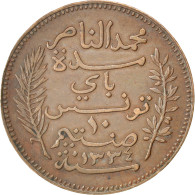 Monnaie, Tunisie, Muhammad Al-Nasir Bey, 10 Centimes, 1916, Paris, TTB+, Bronze - Tunesië