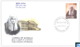 Sri Lanka Stamps 2014, Kings Counsel H. Sri Nissanka, FDC - Sri Lanka (Ceylon) (1948-...)