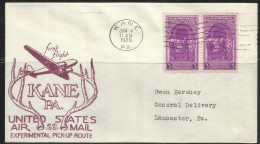 UNITED STATES STATI USA 4 JUN 1939 KANE PA AIR MAIL AM 1001 EXPERIMENTAL PICK-UP ROUTE LANCASTER FIRST FLIGHT FDC COVER - 1851-1940