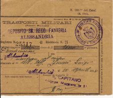 TRASPORTI MILITARI 38° REGGIMENTO FANTERIA ALESSANDRIA 1918 BIGLIETTO - Europe