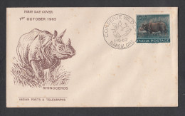 INDIA, 1962,  FDC,  Wildlife Week, Wild Life, Rhino, Rhinoceros, Animal, Bangalore  Cancellation - Covers & Documents