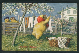 Jolie Carte Fantaisie Femme Poussin étendant Son Linge De "Joyeuses Pâques" - Pascua