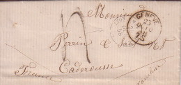 SUISSE - DE GENEVE LE 10-10-1858 - AMBULANT LYON A MARSEILLE A + TAXE 4 MANUSCRITE -LETTRE POUR CADEROUSSE VAUCLUSE. - Marques D'entrées