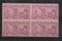 INDIA, 1954, Postage Stamp Centenary, Set 4 V, Mail, Airmail, Transport, Pigeon Post, 1 A, Block Of 4, MNH, (**) - Nuevos