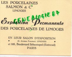 87 - LIMOGES - LES POCELAINES SALMON & CIE - CARTON EXPOSITION PERMANENTE 22 AV. FOUCAUD- ET 105 BD SEBASTOPOL PARIS - Andere & Zonder Classificatie